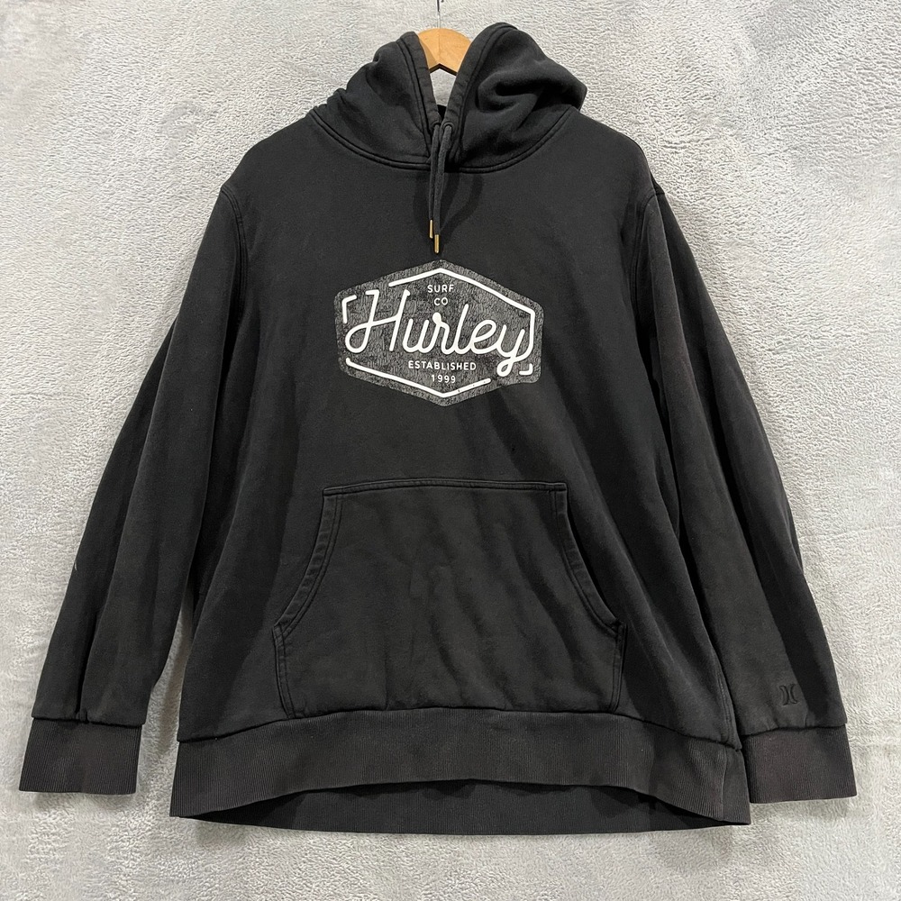 Hurley Hoodie Mens XL Black Graphic Print Cotton Fleece Lined Kangaroo‎ Pocket